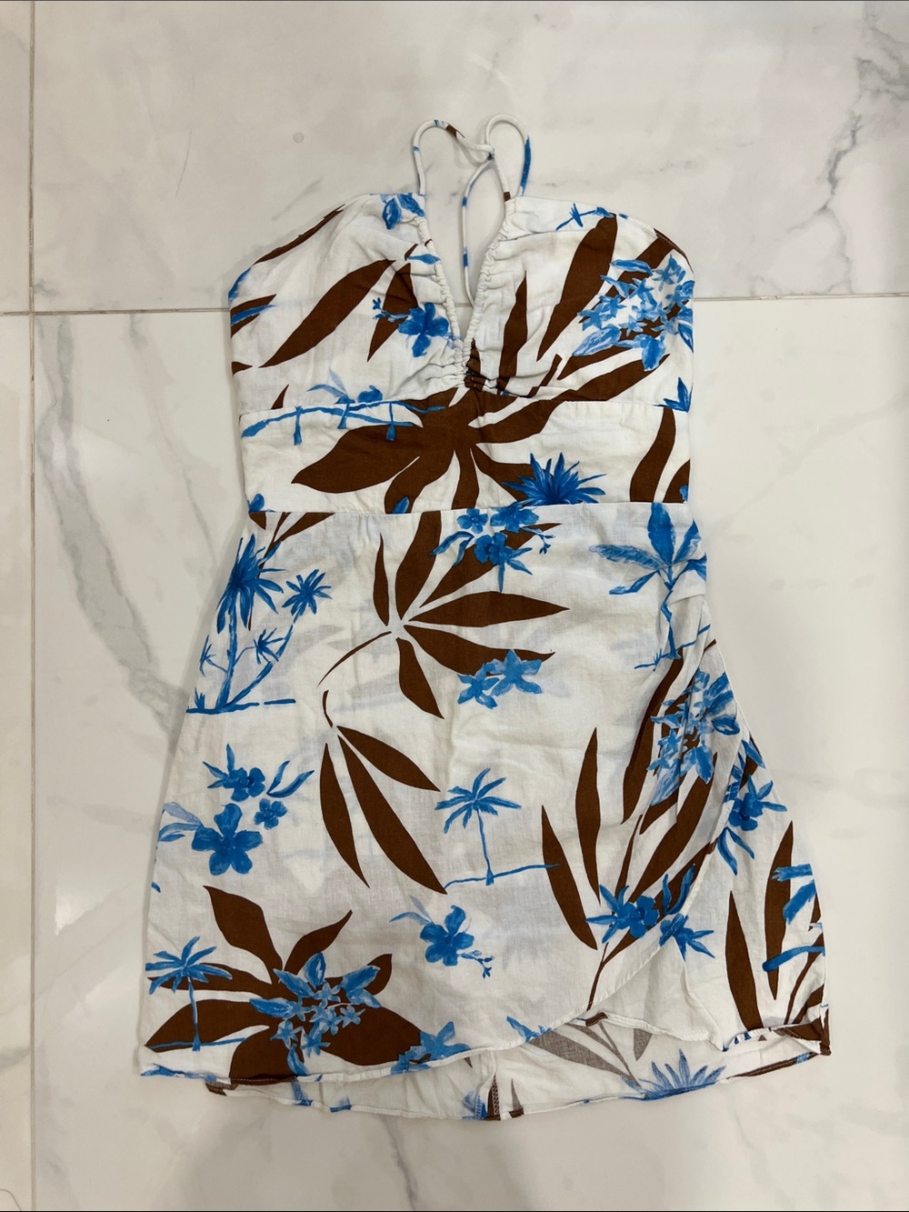 Zara White Mini Dress with Blue Floral and Brown Leaf Print